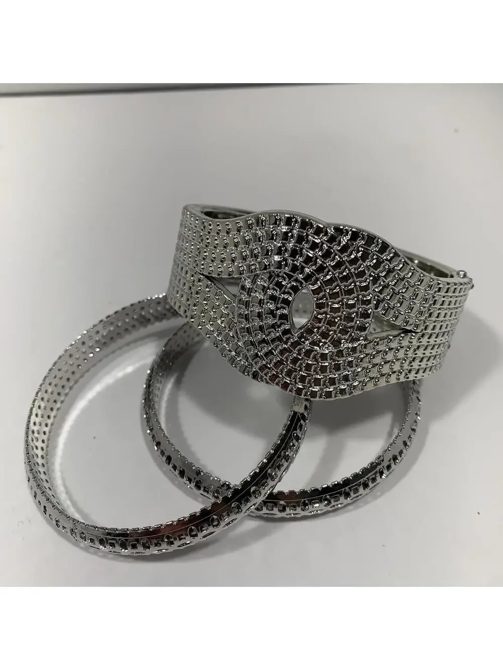 Silver Tone Textured Cuff Bracelet W/ 2 Matching Bangles -Modern Statement Jewel